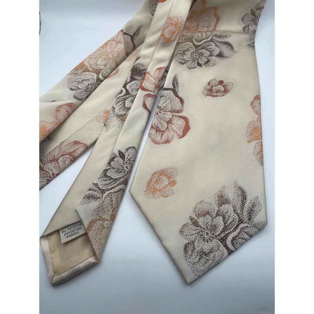 Vintage Gimbels Store for Men Floral Brocade Wide Necktie Cream Brown Orange 70s